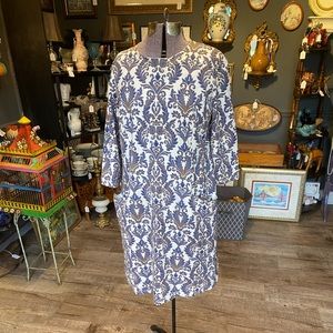 J.McLaughlin Fleur de Lis Sz Large 3/4 Sleeve Midi Dress. Soft Touch fabric